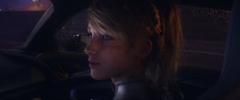 Movie still from “Kingsglaive: Final Fantasy XV” (2016), directed by Takeshi Nozue – A young girl is looking into the distance; Close Up shot, Over the shoulder angle