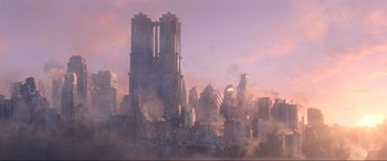 Movie still from “Kingsglaive: Final Fantasy XV” (2016), directed by Takeshi Nozue – An image of a large city in the middle of the day; Extreme Wide shot, High angle