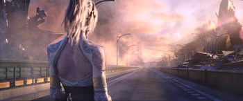 Movie still from “Kingsglaive: Final Fantasy XV” (2016), directed by Takeshi Nozue – A woman standing on the side of a road; Close Up shot, Over the shoulder angle