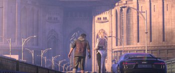 Movie still from “Kingsglaive: Final Fantasy XV” (2016), directed by Takeshi Nozue – A man and a woman walking in front of a building; Wide shot, Over the shoulder angle