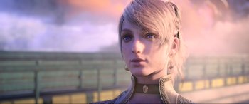 Movie still from “Kingsglaive: Final Fantasy XV” (2016), directed by Takeshi Nozue – A person wearing a costume; Close Up shot, Low angle