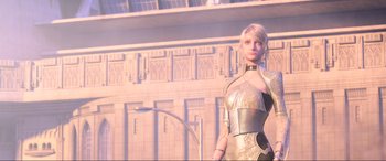 Movie still from “Kingsglaive: Final Fantasy XV” (2016), directed by Takeshi Nozue – A woman standing in front of a building; Medium shot, Low angle
