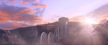 Movie still from “Kingsglaive: Final Fantasy XV” (2016), directed by Takeshi Nozue – An image of a bridge in the middle of the day; Extreme Wide shot, Low angle