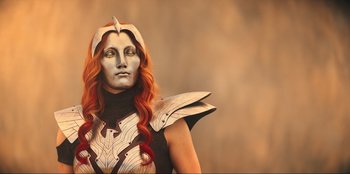 Movie still from “Knights of the Zodiac” (2023), directed by Tomasz Baginski – A woman with long red hair wearing a white and black costume; Close Up shot, Low angle