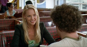 Movie still from “Knocked Up” (2007), directed by Judd Apatow – A woman sitting in front of a man at a table; Close Up shot, Over the shoulder angle