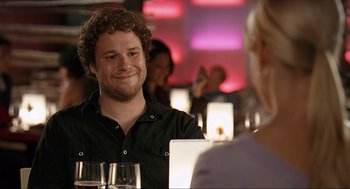 Movie still from “Knocked Up” (2007), directed by Judd Apatow – A man sitting in front of a woman at a table; Medium shot, Over the shoulder angle