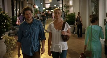 Movie still from “Knocked Up” (2007), directed by Judd Apatow – A man and a woman walking down a sidewalk; Medium shot, Over the shoulder angle