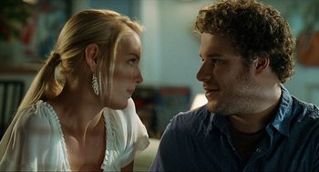Movie still from “Knocked Up” (2007), directed by Judd Apatow – A man and a woman sitting next to each other; Close Up shot, Over the shoulder angle