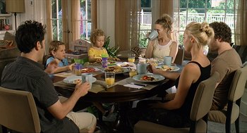 Movie still from “Knocked Up” (2007), directed by Judd Apatow – A group of people sitting around a table eating food; Wide shot, Over the shoulder angle