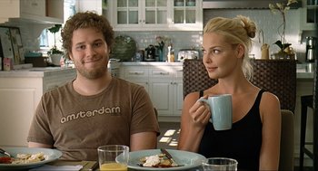 Movie still from “Knocked Up” (2007), directed by Judd Apatow – A man and a woman sitting at a table with a plate of food; Medium shot, Over the shoulder angle
