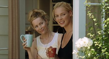 Movie still from “Knocked Up” (2007), directed by Judd Apatow – Two beautiful young women holding coffee cups and posing for a picture; Medium shot, Over the shoulder angle