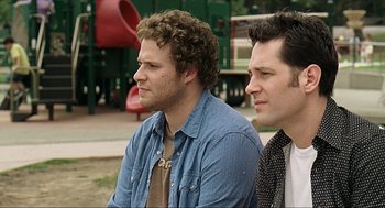 Movie still from “Knocked Up” (2007), directed by Judd Apatow – A couple of men sitting next to each other on a bench; Close Up shot, Over the shoulder angle