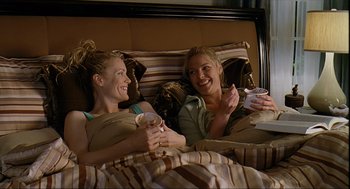 Movie still from “Knocked Up” (2007), directed by Judd Apatow – Two young women sitting in a bed together; Medium shot, High angle