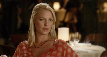 Movie still from “Knocked Up” (2007), directed by Judd Apatow – A beautiful blonde woman sitting at a table; Close Up shot, Over the shoulder angle