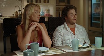 Movie still from “Knocked Up” (2007), directed by Judd Apatow – A man and a woman sitting at a dinner table; Medium shot, Over the shoulder angle
