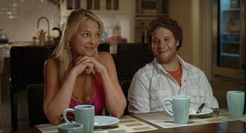 Movie still from “Knocked Up” (2007), directed by Judd Apatow – A man and a woman sitting at a dinner table; Medium shot, Over the shoulder angle
