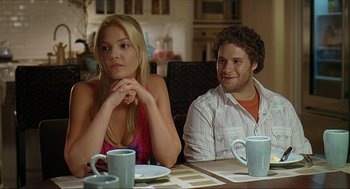 Movie still from “Knocked Up” (2007), directed by Judd Apatow – A man and a woman sitting at a dinner table; Medium shot, Over the shoulder angle