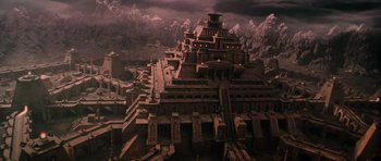 Movie still from “Lara Croft: Tomb Raider” (2001), directed by Simon West – An image of an ancient building in the middle of the night; Extreme Wide shot, High angle