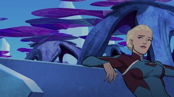 Movie still from “Legion of Super-Heroes” (2023), directed by Jeff Wamester – An animated scene of a man riding a skate board; Medium shot, Over the shoulder angle