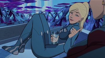 Movie still from “Legion of Super-Heroes” (2023), directed by Jeff Wamester – A woman is holding a drink while sitting in a car; Medium shot, Over the shoulder angle