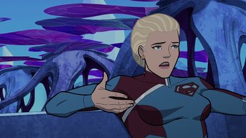 Movie still from “Legion of Super-Heroes” (2023), directed by Jeff Wamester – An animated woman with blond hair is holding her hand out; Medium shot, Over the shoulder angle