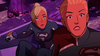 Movie still from “Legion of Super-Heroes” (2023), directed by Jeff Wamester – A woman and a man are in a purple room; Close Up shot, Over the shoulder angle