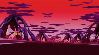 Movie still from “Legion of Super-Heroes” (2023), directed by Jeff Wamester – An artistic rendering of a city with a lot of trees; Extreme Wide shot, High angle