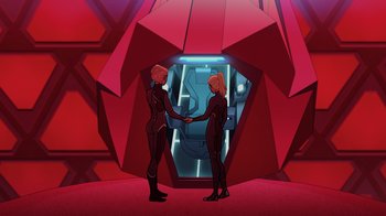 Movie still from “Legion of Super-Heroes” (2023), directed by Jeff Wamester – Two women are shaking hands in front of a door; Wide shot, High angle