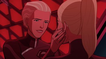 Movie still from “Legion of Super-Heroes” (2023), directed by Jeff Wamester – A man and a woman looking at one another in a red room; Close Up shot, Over the shoulder angle