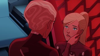 Movie still from “Legion of Super-Heroes” (2023), directed by Jeff Wamester – An illustration of a woman looking in the mirror; Close Up shot, Over the shoulder angle