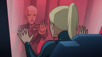 Movie still from “Legion of Super-Heroes” (2023), directed by Jeff Wamester – Two people are talking to each other in front of a mirror; Close Up shot, Over the shoulder angle