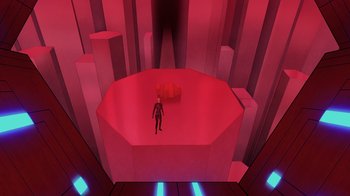 Movie still from “Legion of Super-Heroes” (2023), directed by Jeff Wamester – A person standing in a room with a red wall; Extreme Wide shot, Overhead angle