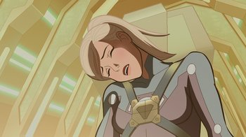 Movie still from “Legion of Super-Heroes” (2023), directed by Jeff Wamester – An animated woman with long blonde hair is crying; Close Up shot, Low angle