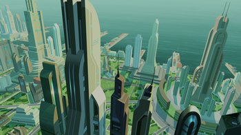 Movie still from “Legion of Super-Heroes” (2023), directed by Jeff Wamester – An aerial view of a large city with skyscrapers; Extreme Wide shot, High angle