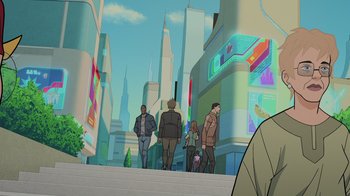 Movie still from “Legion of Super-Heroes” (2023), directed by Jeff Wamester – A group of people walking down the stairs in a city; Medium shot, Over the shoulder angle