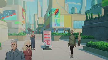 Movie still from “Legion of Super-Heroes” (2023), directed by Jeff Wamester – An animated scene of people walking down the street; Extreme Wide shot, High angle