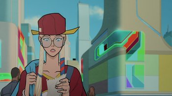 Movie still from “Legion of Super-Heroes” (2023), directed by Jeff Wamester – An animated woman holding a cup in front of a city skyline; Close Up shot, Low angle