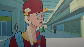 Movie still from “Legion of Super-Heroes” (2023), directed by Jeff Wamester – An animated woman wearing glasses and a red hat; Close Up shot, Over the shoulder angle