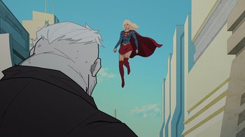 Movie still from “Legion of Super-Heroes” (2023), directed by Jeff Wamester – An animated scene of a woman flying through the air; Wide shot, Over the shoulder angle
