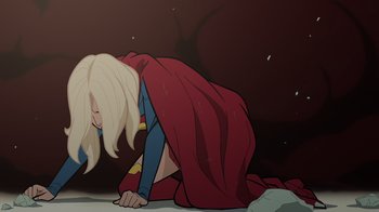 Movie still from “Legion of Super-Heroes” (2023), directed by Jeff Wamester – A woman in a red cape is kneeling on the ground; Medium shot, Overhead angle