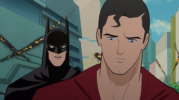 Movie still from “Legion of Super-Heroes” (2023), directed by Jeff Wamester – A man and a bat man in a cartoon; Medium shot, Over the shoulder angle