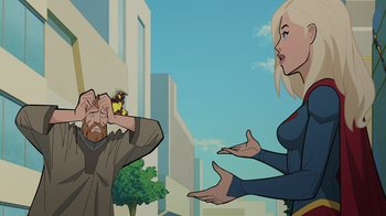 Movie still from “Legion of Super-Heroes” (2023), directed by Jeff Wamester – A man and a woman are standing in front of each other; Medium shot, Over the shoulder angle