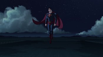 Movie still from “Legion of Super-Heroes” (2023), directed by Jeff Wamester – A man with a cape flying in the sky; Extreme Wide shot, Low angle