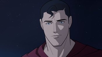 Movie still from “Legion of Super-Heroes” (2023), directed by Jeff Wamester – A man in a red shirt is looking at the camera; Close Up shot, Over the shoulder angle