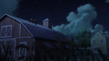 Movie still from “Legion of Super-Heroes” (2023), directed by Jeff Wamester – A night sky with stars and a barn; Extreme Wide shot, Low angle