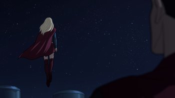 Movie still from “Legion of Super-Heroes” (2023), directed by Jeff Wamester – A woman is flying through the night sky; Wide shot, Low angle
