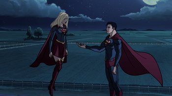 Movie still from “Legion of Super-Heroes” (2023), directed by Jeff Wamester – A man and a woman dressed as supergirl and man of steel; Wide shot, Over the shoulder angle