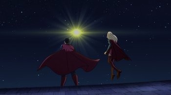 Movie still from “Legion of Super-Heroes” (2023), directed by Jeff Wamester – A couple of people standing on top of a building; Extreme Wide shot, Low angle