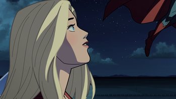 Movie still from “Legion of Super-Heroes” (2023), directed by Jeff Wamester – A woman looking up at the sky at night; Close Up shot, Low angle