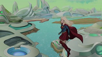 Movie still from “Legion of Super-Heroes” (2023), directed by Jeff Wamester – A woman standing on top of an island in the water; Extreme Wide shot, High angle
